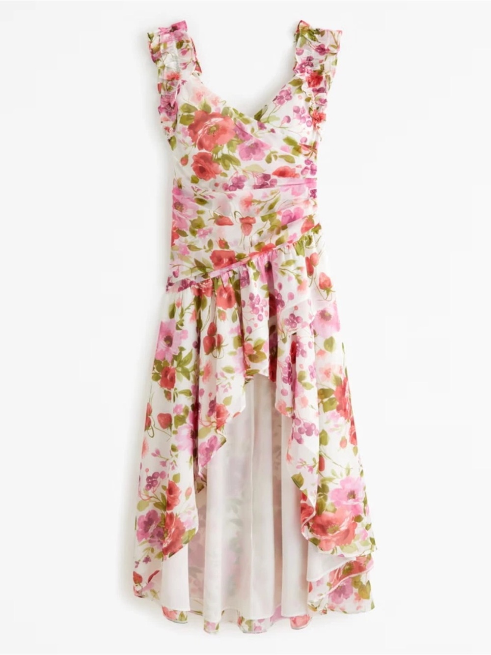 Abercrombie & Fitch Ruffle-Strap High-Low Maxi Dress Floral Strawberries Garden